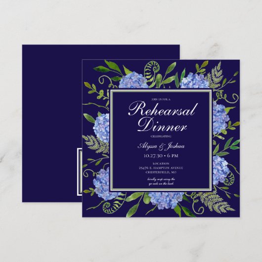 Blue Hydrangeas Floral Waterverf Rehearings Dinner Kaart (Voorkant / Achterkant)