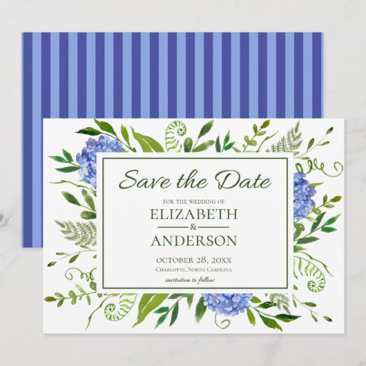 Blue Hydrangeas Floral Waterverf Save The Date (Voorkant / Achterkant)