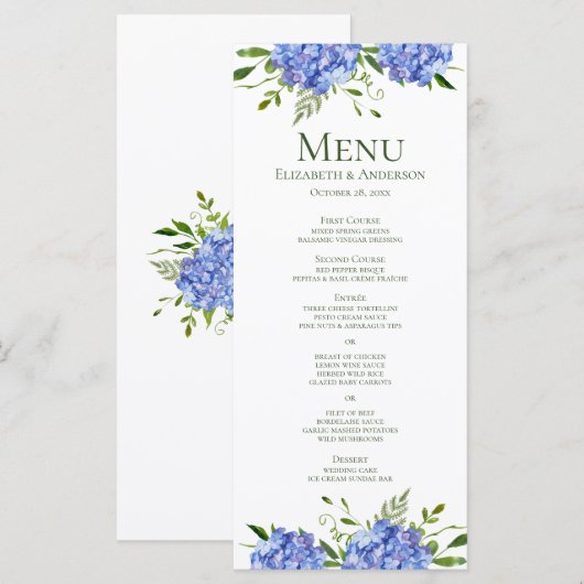 Blue Hydrangeas Floral Waterverf Wedding Menu (Voorkant / Achterkant)