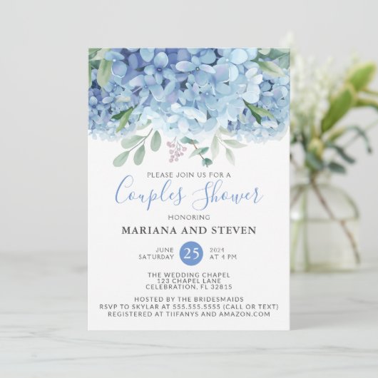 Blue Hydrangeas Floral Wedding Couples Shower Kaart (Staand voorkant)