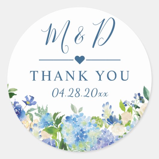 Blue Hydrangeas Floral Wedding Favor Dank je Ronde Sticker (Voorkant)