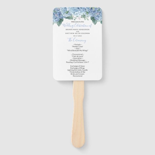 Blue Hydrangeas Floral Wedding Program Handje Fan Handwaaier (Voorkant)
