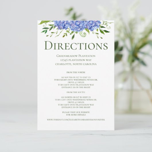 Blue Hydrangeas Floral Wedding Routebeschrijving Informatiekaartje (Staand voorkant)