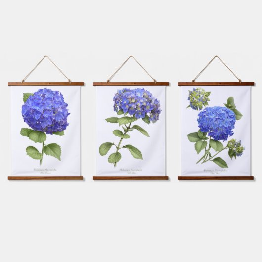 Blue Hydrangeas Flowers Botanical Art set van 3 Hangend Wandkleed (Driedubbel)