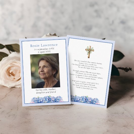 Blue Hydrangeas Flowers Memorial Poem Prayer Card Visitekaartje