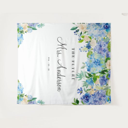 Blue Hydrangeas Future Mrs Vrijgezellenfeest Backd Wandkleed (Voorkant (horizontaal))