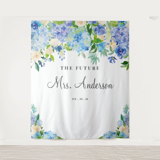 Blue Hydrangeas Future Mrs Vrijgezellenfeest Backd Wandkleed (Voorkant)