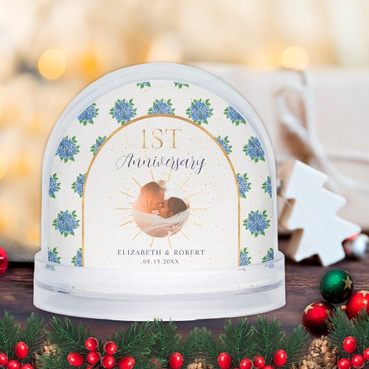 Blue Hydrangeas Gold Custom Photo 1st Anniversary Sneeuwbol