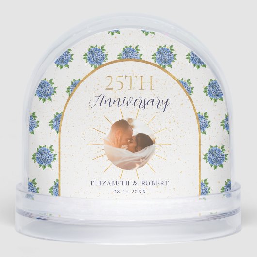 Blue Hydrangeas Gold Custom Photo 25th Anniversary Sneeuwbol (Voorkant)
