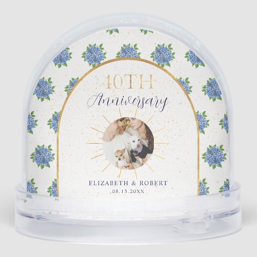 Blue Hydrangeas Gold Custom Photo 40th Anniversary Sneeuwbol (Achterkant)