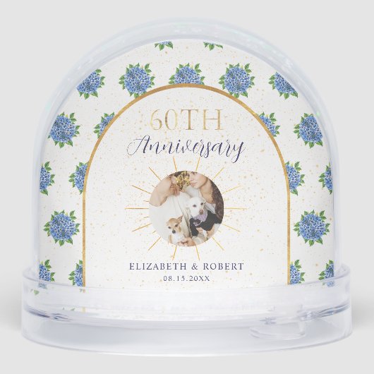 Blue Hydrangeas Gold Custom Photo 60th Anniversary Sneeuwbol (Achterkant)