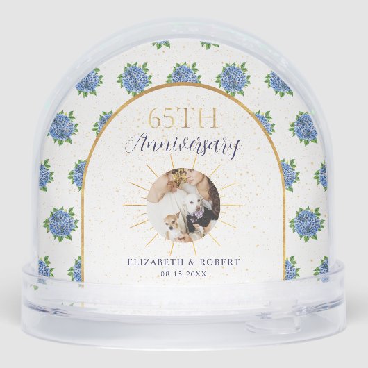 Blue Hydrangeas Gold Custom Photo 65th Anniversary Sneeuwbol (Achterkant)