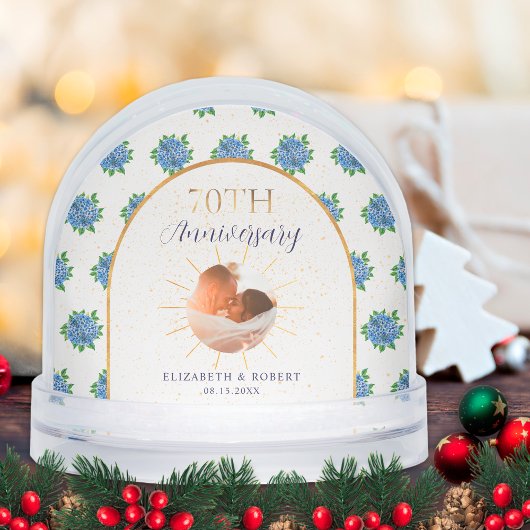 Blue Hydrangeas Gold Custom Photo 70th Anniversary Sneeuwbol