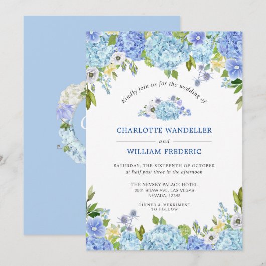 Blue Hydrangeas Greenery Waterverf Wedding Kaart (Voorkant / Achterkant)