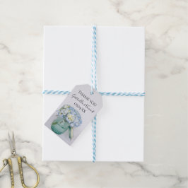Blue Hydrangeas in Blue Jar Vase Wedding Label Cadeaulabel