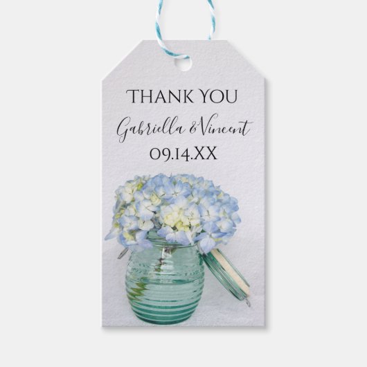 Blue Hydrangeas in Blue Jar Vase Wedding Label Cadeaulabel (Voorkant)