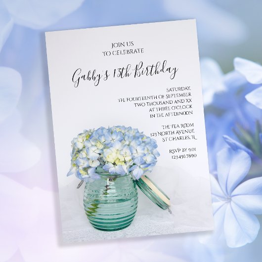Blue Hydrangeas in Jar Vase Birthday Party Kaart
