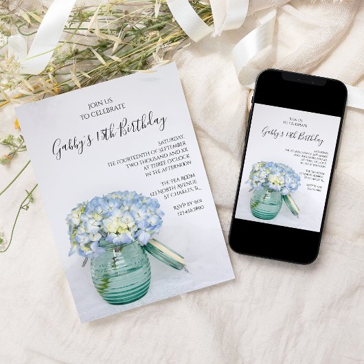 Blue Hydrangeas in Jar Vase Birthday Party Kaart