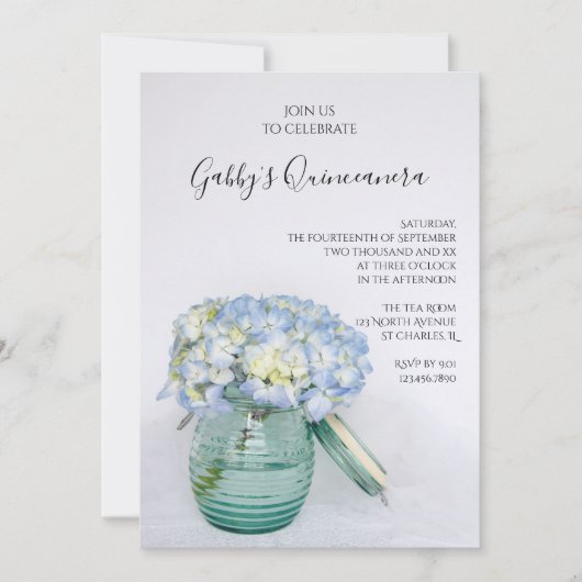 Blue Hydrangeas in Jar Vase Quinceanera Party Kaart (Voorkant)