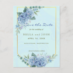 Blue Hydrangeas in Lijst in blauw Save the Date Briefkaart