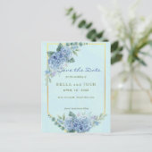 Blue Hydrangeas in Lijst in blauw Save the Date Briefkaart (Staand voorkant)
