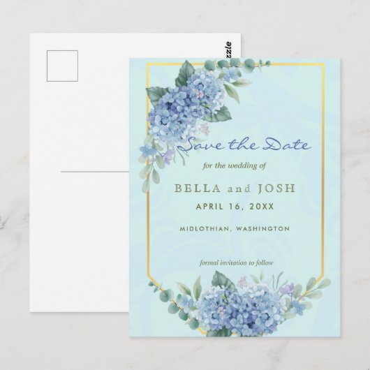 Blue Hydrangeas in Lijst in blauw Save the Date Briefkaart (Voorkant / Achterkant)