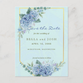 Blue Hydrangeas in Lijst in blauw Save the Date Briefkaart