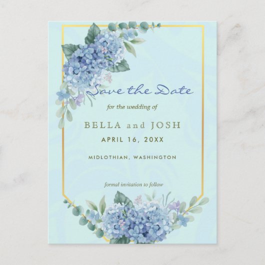 Blue Hydrangeas in Lijst in blauw Save the Date Briefkaart (Voorkant)