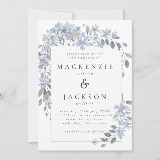 Blue Hydrangeas Lijst Waterverf Wedding Kaart (Voorkant)