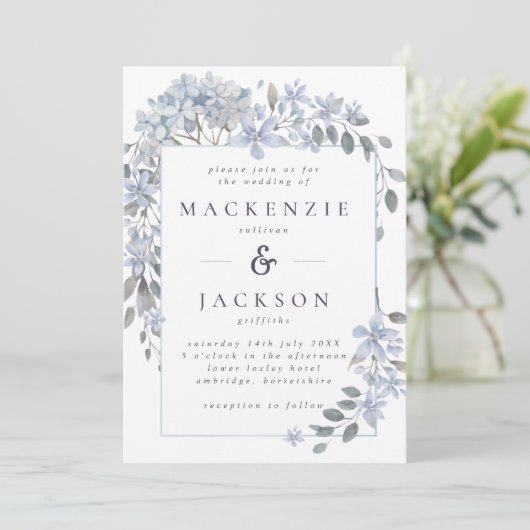 Blue Hydrangeas Lijst Waterverf Wedding Kaart (Staand voorkant)