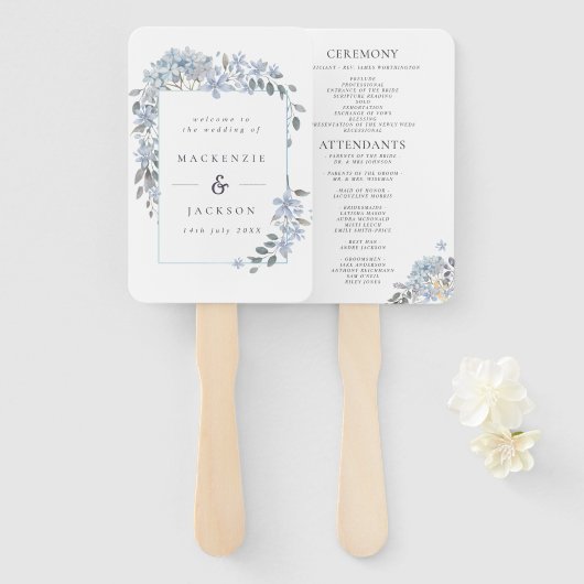 Blue Hydrangeas Lijst Waterverf Wedding Programme Handwaaier (Voorkant en achterkant)