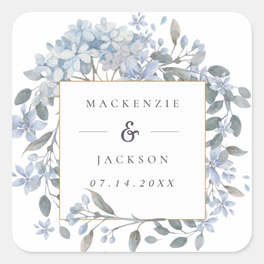 Blue Hydrangeas Lijst Waterverf Wedding Vierkante Sticker (Voorkant)