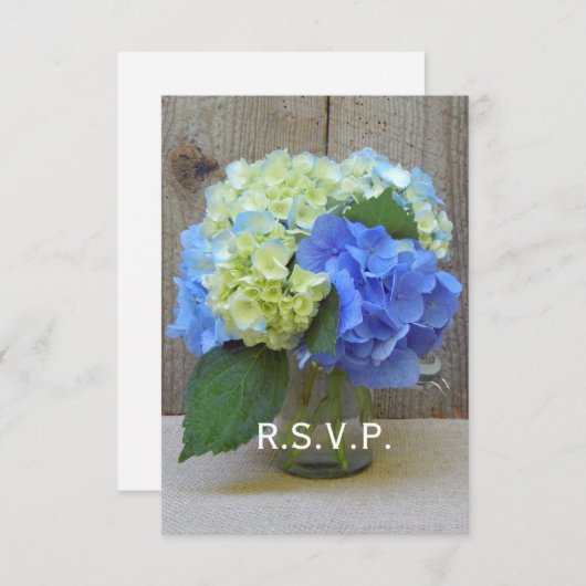 Blue Hydrangeas Mason Jar Rustic Wedding RSVP (Voorkant / Achterkant)
