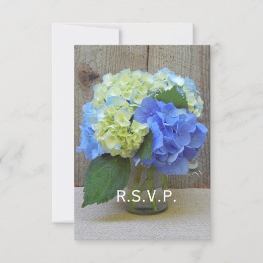 Blue Hydrangeas Mason Jar Rustic Wedding RSVP Kaartje (Voorkant)