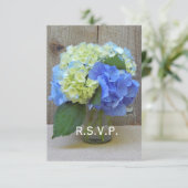 Blue Hydrangeas Mason Jar Rustic Wedding RSVP Kaartje (Staand voorkant)