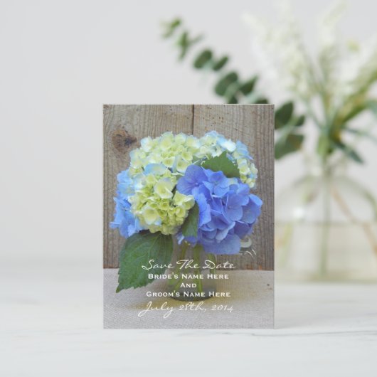 Blue Hydrangeas Mason Jar Save The Date Briefkaart (Staand voorkant)