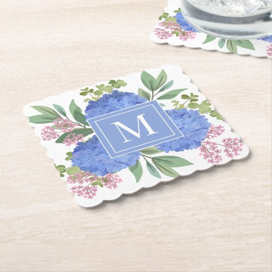 Blue Hydrangeas Modern Boeket Custom Monogram Kartonnen Onderzetters (Gebogen)