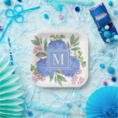 Blue Hydrangeas Modern Boeket Custom Monogram Papieren Bordje (Feest)