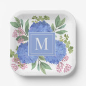 Blue Hydrangeas Modern Boeket Custom Monogram Papieren Bordje (Voorkant)