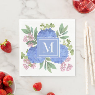 Blue Hydrangeas Modern Boeket Custom Monogram Servet