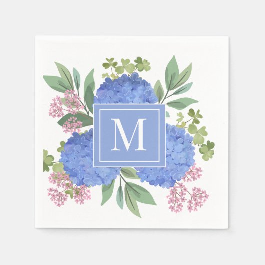 Blue Hydrangeas Modern Boeket Custom Monogram Servet (Voorkant)