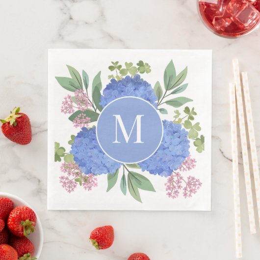 Blue Hydrangeas Modern Boeket Custom Monogram Servet (Insitu)