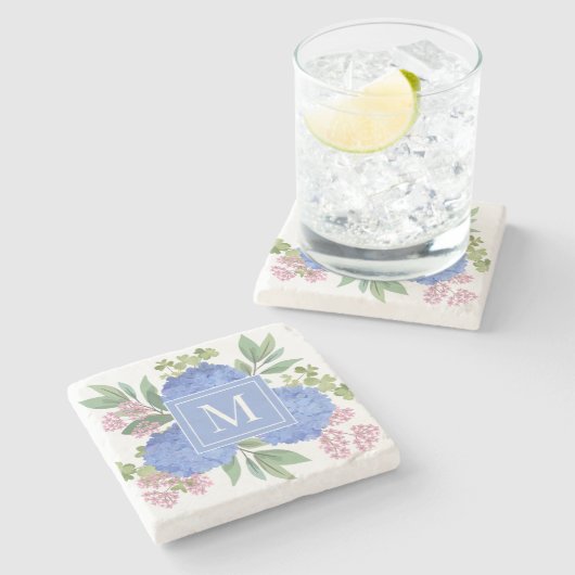 Blue Hydrangeas Modern Boeket Custom Monogram Stenen Onderzetter (Zijkant)