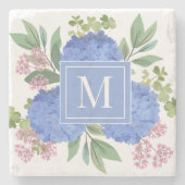 Blue Hydrangeas Modern Boeket Custom Monogram Stenen Onderzetter (Voorkant)