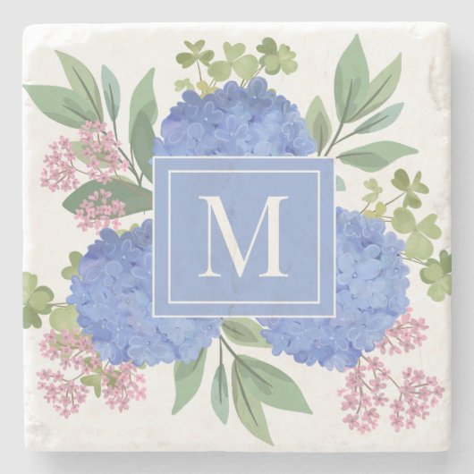 Blue Hydrangeas Modern Boeket Custom Monogram Stenen Onderzetter (Voorkant)