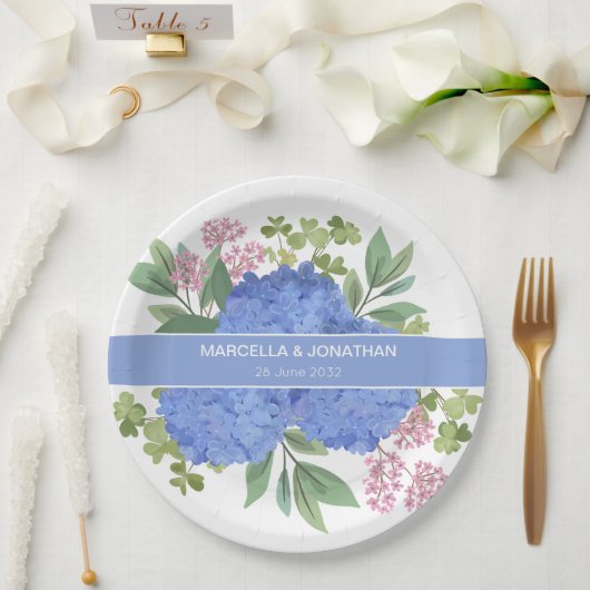 Blue Hydrangeas Modern Boeket Custom Papieren Bordje (Huwelijk)