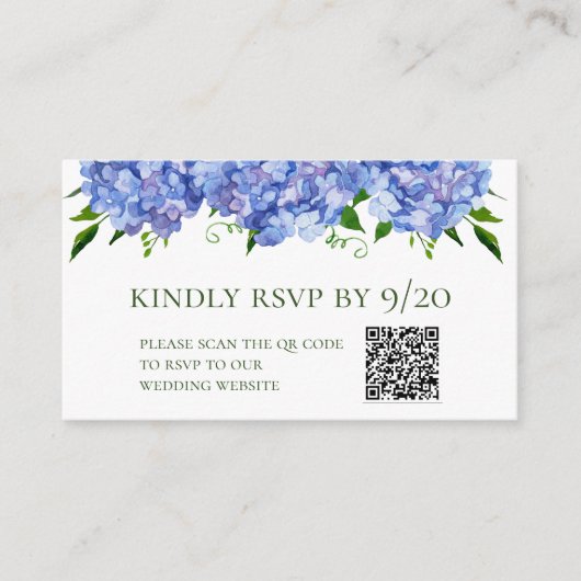 Blue Hydrangeas QR Code RSVP Behuizing Kaart (Voorkant)