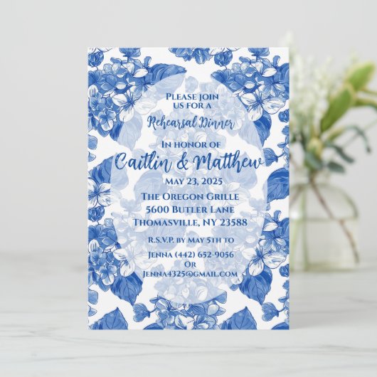 Blue Hydrangeas repetitie diner uitnodiging (Staand voorkant)