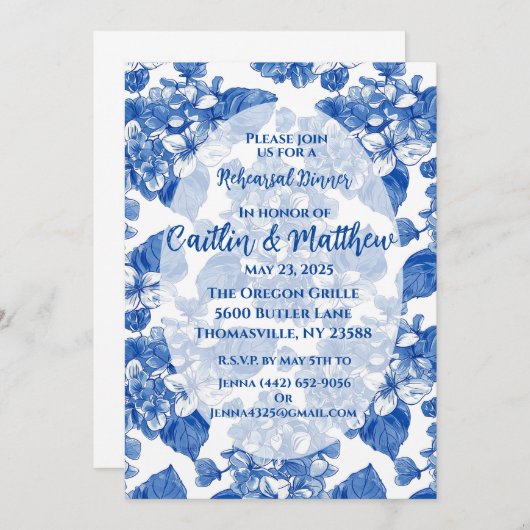 Blue Hydrangeas repetitie diner uitnodiging (Voorkant / Achterkant)