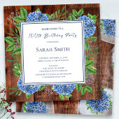 Blue Hydrangeas Rustic Wood 100th Birthday Party Kaart